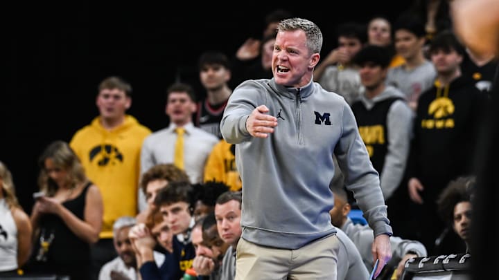 Mar 5, 2026; Iowa City, Iowa, USA; Michigan Wolverines head coach Dusty May reacts during the first half against the Iowa Hawkeyes at Carver-Hawkeye Arena. Mandatory Credit: Jeffrey Becker-Imagn Images