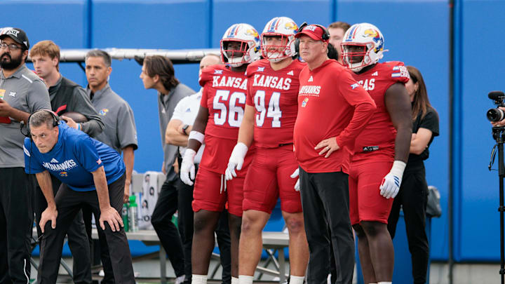 Aug 29, 2025; Lawrence, Kansas, USA; Kansas Jayhawks coach Lance Leipold on the sidelines during the first half against the Wagner Seahawks at David Booth Kansas Memorial Stadium. Mandatory Credit: William Purnell-Imagn Images