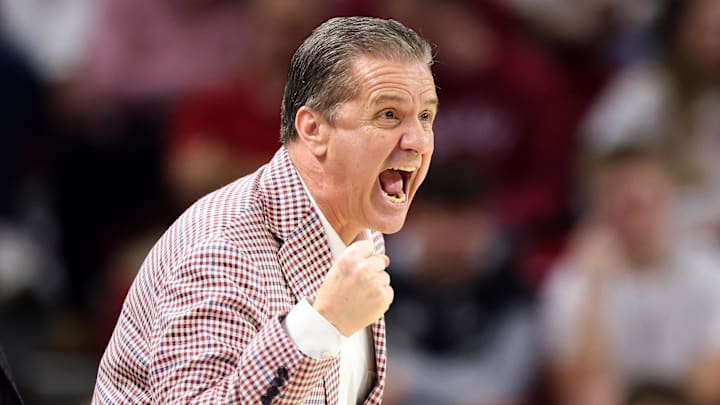 Feb 21, 2026; Fayetteville, Arkansas, USA; Arkansas Razorbacks head coach John Calipari during the first half against the Missouri Tigers at Bud Walton Arena. Mandatory Credit: Nelson Chenault-Imagn Images Feb 21, 2026; Fayetteville, Arkansas, USA; Arkansas Razorbacks head coach John Calipari during the first half against the Missouri Tigers at Bud Walton Arena. Mandatory Credit: Nelson Chenault-Imagn Images