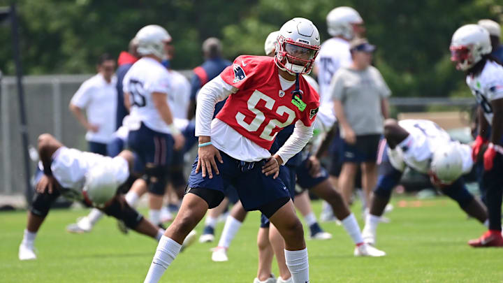 Jun 12, 2023; Foxborough, MA, USA; New England Patriots linebacker Marte Mapu (52) warms up at the