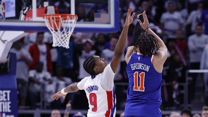 May 1, 2025; Detroit, Michigan, USA; New York Knicks guard Jalen Brunson (11) shoots on Detroit Pistons forward Ausar Thompson (9) in the second half during game six of first round for the 2024 NBA Playoffs at Little Caesars Arena. Mandatory Credit: Rick Osentoski-Imagn Images May 1, 2025; Detroit, Michigan, USA; New York Knicks guard Jalen Brunson (11) shoots on Detroit Pistons forward Ausar Thompson (9) in the second half during game six of first round for the 2024 NBA Playoffs at Little Caesars Arena. Mandatory Credit: Rick Osentoski-Imagn Images