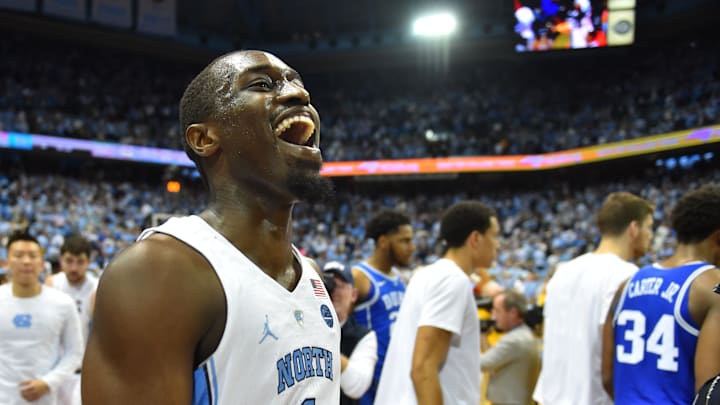 Feb 8, 2018; Chapel Hill, NC, USA; North Carolina Tar Heels forward Theo Pinson (1) reacts after the game. The Tar Heels defeated the Blue Devils at Dean E. Smith Center. Mandatory Credit: Bob Donnan-Imagn Images