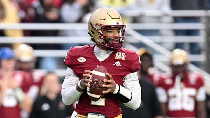 Sep 30, 2023; Chestnut Hill, Massachusetts, USA; Boston College Eagles quarterback Thomas Castellanos (1) looks to pass against the Virginia Cavaliers during the second half at Alumni Stadium. Mandatory Credit: Brian Fluharty-Imagn Images