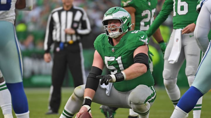 Dec 29, 2024; Philadelphia, Pennsylvania, USA; Philadelphia Eagles center Cam Jurgens (51) against the Dallas Cowboys at Lincoln Financial Field. Mandatory Credit: Eric Hartline-Imagn Images