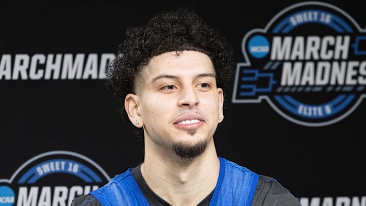 Mar 27, 2025; Indianapolis, IN, USA;  Kentucky Wildcats guard Koby Brea (4) talks to the media during practice day at Lucas Oil Stadium.