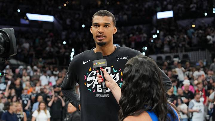 May 24, 2026; San Antonio, Texas, USA; San Antonio Spurs center Victor Wembanyama (1) speaks with  Peacock sideline reporter Ashley ShahAhmadi after game four of the western conference finals for the 2026 NBA playoffs against the Oklahoma City Thunder at Frost Bank Center. Mandatory Credit: Daniel Dunn-Imagn Images