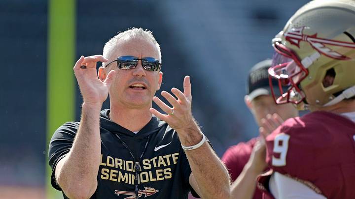 Oct 11, 2025; Tallahassee, Florida, USA; Florida State Seminoles head coach Mike Norvell before the game against the Pittsburgh Panthers at Doak S. Campbell Stadium. Mandatory Credit: Melina Myers-Imagn Images