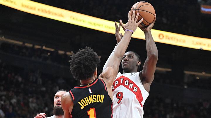 Jan 5, 2026; Toronto, Ontario, CAN; Toronto Raptors forward RJ Barrett (9) shoots the ball as Atlanta Hawks forward Jalen Johnson (1) defends in the second half at Scotiabank Arena. Mandatory Credit: Dan Hamilton-Imagn Images Jan 5, 2026; Toronto, Ontario, CAN; Toronto Raptors forward RJ Barrett (9) shoots the ball as Atlanta Hawks forward Jalen Johnson (1) defends in the second half at Scotiabank Arena. Mandatory Credit: Dan Hamilton-Imagn Images