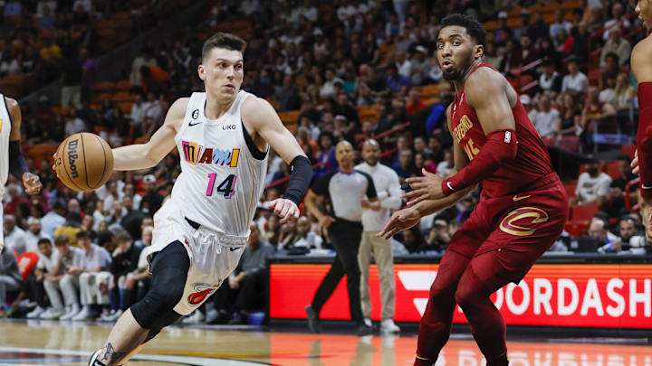 Mar 8, 2023; Miami, Florida, USA; Miami Heat guard Tyler Herro (14) drives to the basket against