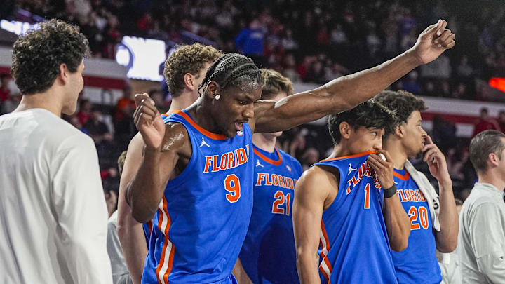 Feb 11, 2026; Athens, Georgia, USA; Florida Gators center Rueben Chinyelu (9) reacts after defeating the Georgia Bulldogs at Stegeman Coliseum. Mandatory Credit: Dale Zanine-Imagn Images