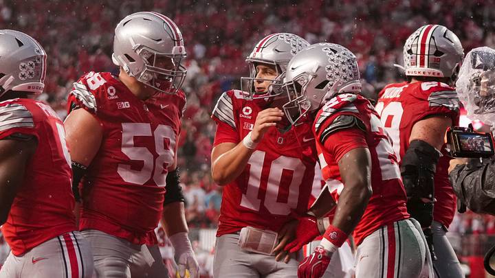 Ohio State Buckeyes quarterback Julian Sayin (10) celebrates a touchdown run by running back Bo Jackson (25) during the NCAA football game against the Maryland Terrapins at Ohio Stadium in Columbus on Oct. 10, 2026. Ohio State Buckeyes quarterback Julian Sayin (10) celebrates a touchdown run by running back Bo Jackson (25) during the NCAA football game against the Maryland Terrapins at Ohio Stadium in Columbus on Oct. 10, 2026.
