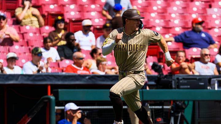 Sep 2, 2026; Cincinnati, Ohio, USA; San Diego Padres outfielder Austin Hays (15) scores on a RBI single hit by second baseman Fernando Tatis Jr. (not pictured) in the second inning against the Cincinnati Reds at Great American Ball Park. Mandatory Credit: Katie Stratman-Imagn Images Sep 2, 2026; Cincinnati, Ohio, USA; San Diego Padres outfielder Austin Hays (15) scores on a RBI single hit by second baseman Fernando Tatis Jr. (not pictured) in the second inning against the Cincinnati Reds at Great American Ball Park. Mandatory Credit: Katie Stratman-Imagn Images