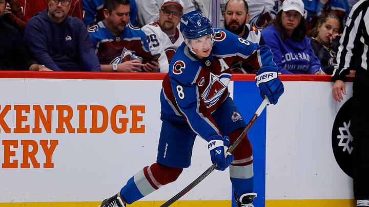 Apr 21, 2026; Denver, Colorado, USA; Colorado Avalanche defenseman Cale Makar (8) controls the puck in the second period against the Los Angeles Kings in game two of the first round of the 2026 Stanley Cup Playoffs at Ball Arena. Mandatory Credit: Isaiah J. Downing-Imagn Images