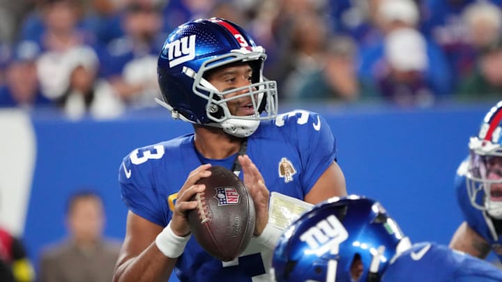 Sep 21, 2025; East Rutherford, NJ; New York Giants quarterback Russell Wilson looks to pass against the Kansas City Chiefs in the second quarter at MetLife Stadium