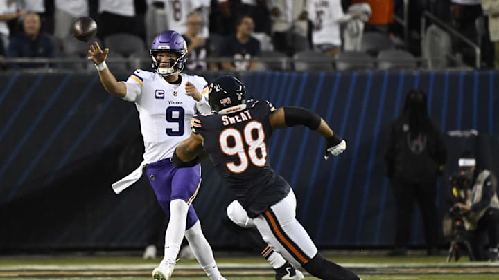 Sep 8, 2025; Chicago, Illinois, USA; Minnesota Vikings quarterback J.J. McCarthy (9) drops back to pass against the Chicago Bears during the first half at Soldier Field. Mandatory Credit: Matt Marton-Imagn Images
