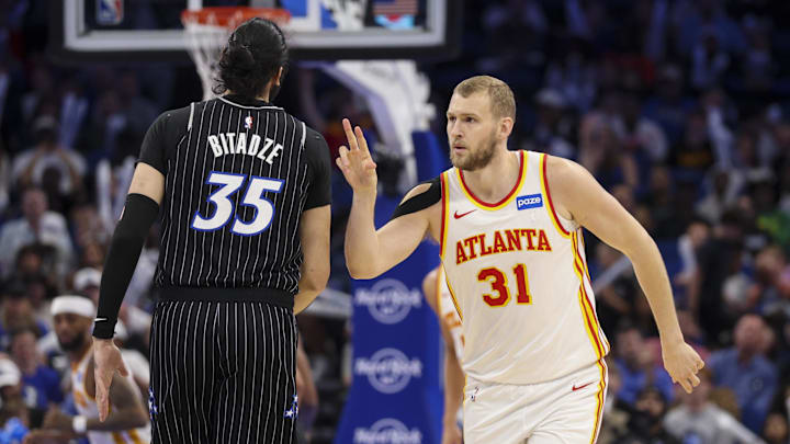 Apr 1, 2026; Orlando, Florida, USA; Atlanta Hawks center Jock Landale (31) reacts after a three point basket against the Orlando Magic in the third quarter at Kia Center. Mandatory Credit: Nathan Ray Seebeck-Imagn Images