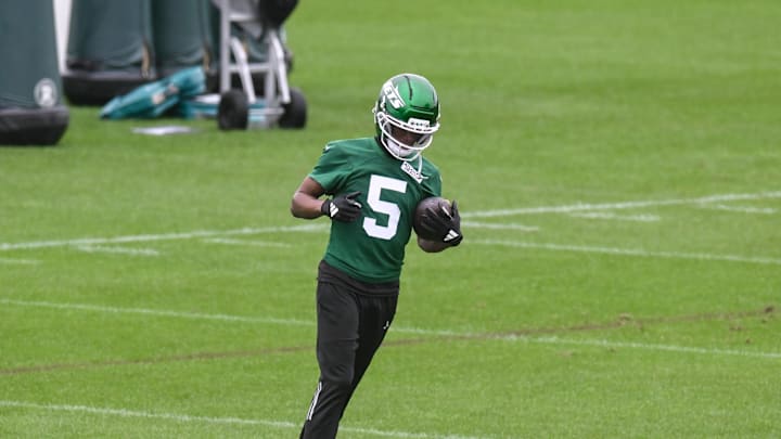Jun 10, 2025; East Rutherford, NJ, USA; New York Jets wide receiver Garrett Wilson (5) during minicamp at Atlantic Health Jets Training Center. Mandatory Credit: John Jones-Imagn Images