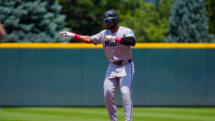 Jul 2, 2026; Denver, Colorado, USA; Miami Marlins shortstop Otto Lopez (6) reacts after his double in the first inning against the Colorado Rockies at Coors Field. Mandatory Credit: Ron Chenoy-Imagn Images Jul 2, 2026; Denver, Colorado, USA; Miami Marlins shortstop Otto Lopez (6) reacts after his double in the first inning against the Colorado Rockies at Coors Field. Mandatory Credit: Ron Chenoy-Imagn Images