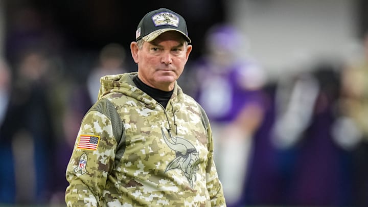 Nov 21, 2021; Minneapolis, Minnesota, USA; Minnesota Vikings head coach Mike Zimmer looks on prior to the game against the Green Bay Packers at U.S. Bank Stadium. Mandatory Credit: Brace Hemmelgarn-USA TODAY Sports
