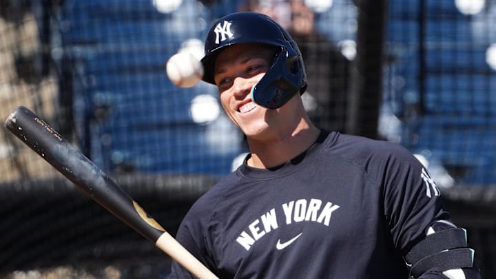 Feb 17, 2025; Tampa, FL, USA; New York Yankees outfielder Aaron Judge (99) smiles during spring training batting practice at George M. Steinbrenner Field. Mandatory Credit: Dave Nelson-Imagn Images
