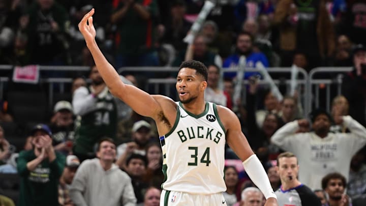 Oct 28, 2025; Milwaukee, Wisconsin, USA; Milwaukee Bucks forward Giannis Antetokounmpo (34) reacts after scoring a basket in the 3rd quarter against the New York Knicks at Fiserv Forum. Mandatory Credit: Benny Sieu-Imagn Images
