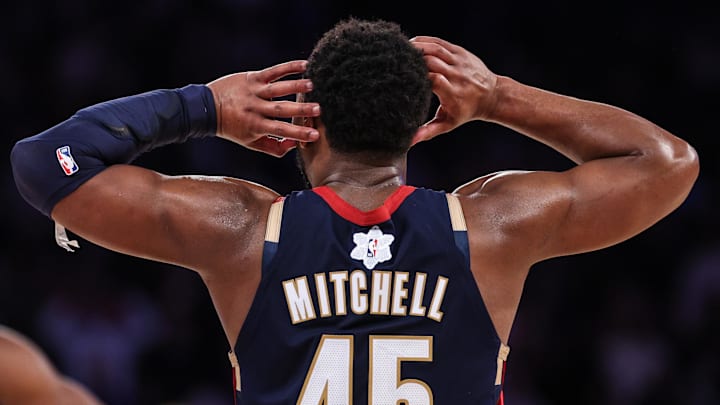 Dec 25, 2025; New York, New York, USA; A detailed view of the Christmas snowflake patch and back of the jersey worn by Cleveland Cavaliers guard Donovan Mitchell (45) while reacting during the second half against the New York Knicks at Madison Square Garden. Mandatory Credit: Vincent Carchietta-Imagn Images