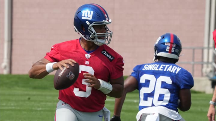 East Rutherford, NJ -- June 5, 2025 -- Quarterback, Russell Wilson as the New York Giants players participate in their 2025 OTAÕs at the Quest Diagnostic Giants Training Center in East Rutherford.
