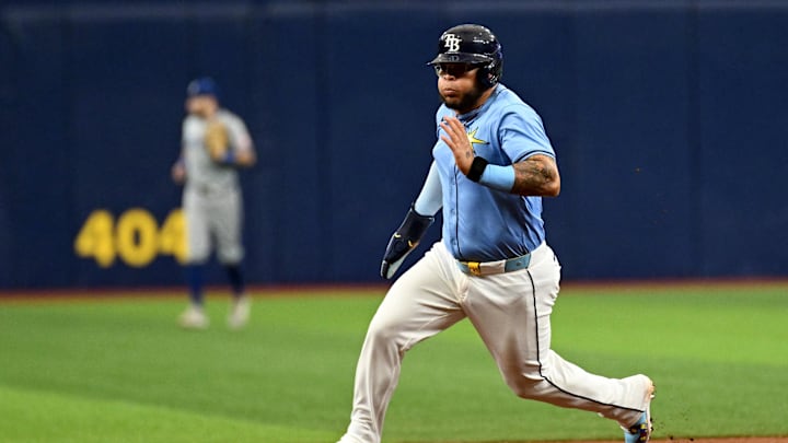 Tampa Bay Rays designated hitter Harold Ramirez (43) heads for third base in the seventh inning against the Kansas City Royals at Tropicana Field on May 26.