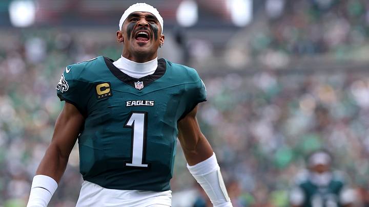 Sep 13, 2026; Philadelphia, Pennsylvania, USA;  Philadelphia Eagles quarterback Jalen Hurts (1) reacts prior to the game against the Washington Commanders at Lincoln Financial Field.  Mandatory Credit: Bill Streicher-Imagn Images