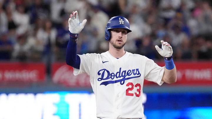 Oct 15, 2026; Los Angeles, California, USA; Los Angeles Dodgers outfielder Kyle Tucker (23) reacts after a double during the fifth inning against the Milwaukee Brewers in game four of the NLCS for the 2026 MLB Playoffs at Uniqlo Field at Dodger Stadium. Mandatory Credit: Kirby Lee-Imagn Images Oct 15, 2026; Los Angeles, California, USA; Los Angeles Dodgers outfielder Kyle Tucker (23) reacts after a double during the fifth inning against the Milwaukee Brewers in game four of the NLCS for the 2026 MLB Playoffs at Uniqlo Field at Dodger Stadium. Mandatory Credit: Kirby Lee-Imagn Images