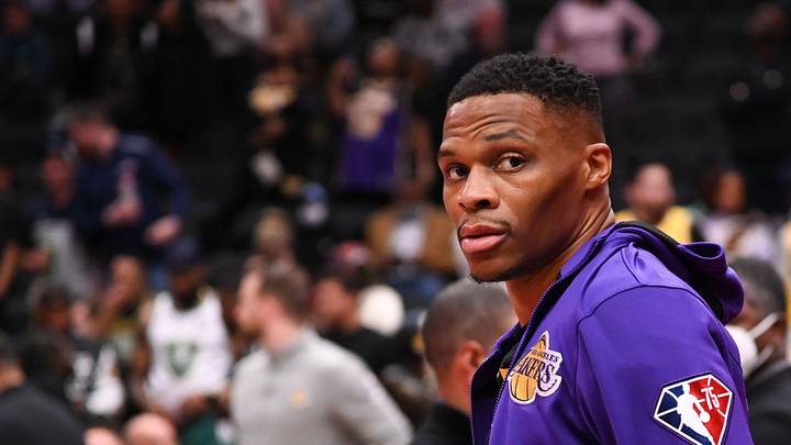 Mar 19, 2022; Washington, District of Columbia, USA; Los Angeles Lakers guard Russell Westbrook (0) before the game against the Washington Wizards at Capital One Arena. Mandatory Credit: Tommy Gilligan-USA TODAY Sports Mar 19, 2022; Washington, District of Columbia, USA; Los Angeles Lakers guard Russell Westbrook (0) before the game against the Washington Wizards at Capital One Arena. Mandatory Credit: Tommy Gilligan-USA TODAY Sports