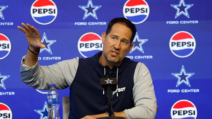 Jun 10, 2025; Arlington, TX, USA;  Dallas Cowboys head coach Brian Schottenheimer addresses the media before practice at the Ford Center at the Star Training Facility in Frisco, Texas. Mandatory Credit: Chris Jones-Imagn Images