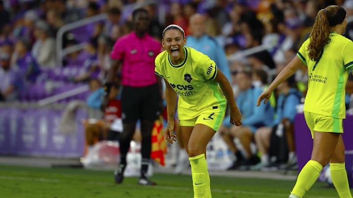 May 2, 2026; Orlando, Florida, USA; Washington Spirit forward Trinity Rodman (2) celebrates a second half goal against the Orlando Pride at Inter&Co Stadium. Mandatory Credit: Russell Lansford-Imagn Images
