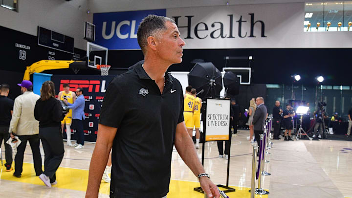 Sep 29, 2025; Los Angeles, CA, USA; Los Angeles Lakers president of basketball operations and general manager Rob Pelinka during media day at UCLA Health Training Center. Mandatory Credit: Gary A. Vasquez-Imagn Images