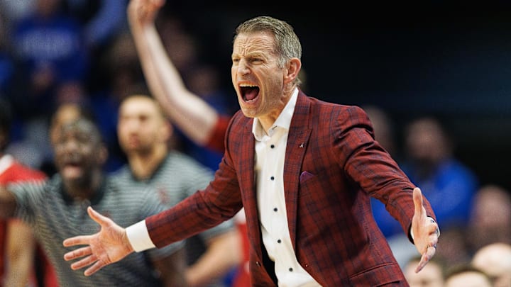 Feb 24, 2024; Lexington, Kentucky, USA; Alabama Crimson Tide head coach Nate Oats yells to his players during the first half against the Kentucky Wildcats at Rupp Arena at Central Bank Center. Mandatory Credit: Jordan Prather-Imagn Images