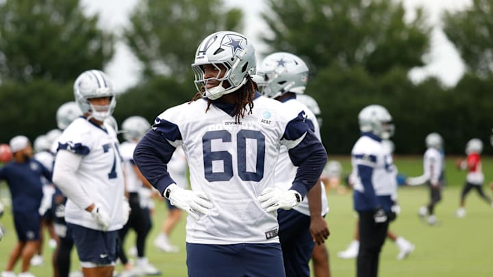 Dallas Cowboys offensive tackle Tyler Guyton goes through a drill during practice at the Ford Center at the Star 