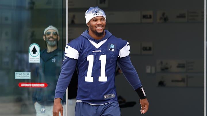 Dallas Cowboys defensive end Micah Parsons walks onto the practice field at the Ford Center at the Star Training Facility 