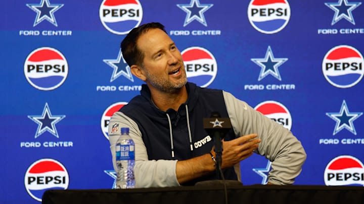 Dallas Cowboys head coach Brian Schottenheimer addresses the media before practice at the Ford Center at the Star 