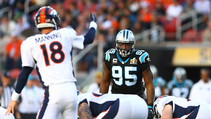 Feb 7, 2016; Santa Clara, CA, USA; Carolina Panthers defensive end Charles Johnson (95) against the Denver Broncos during Super Bowl 50 at Levi's Stadium. Mandatory Credit: Mark J. Rebilas-Imagn Images Feb 7, 2016; Santa Clara, CA, USA; Carolina Panthers defensive end Charles Johnson (95) against the Denver Broncos during Super Bowl 50 at Levi's Stadium. Mandatory Credit: Mark J. Rebilas-Imagn Images