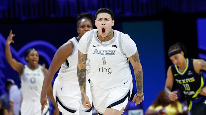 Jul 27, 2025; Arlington, Texas, USA; Las Vegas Aces forward Kierstan Bell (1) reacts after a play against the Dallas Wings during the second half at College Park Center. Jul 27, 2025; Arlington, Texas, USA; Las Vegas Aces forward Kierstan Bell (1) reacts after a play against the Dallas Wings during the second half at College Park Center.