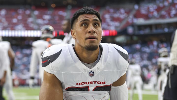 Sep 15, 2024; Houston, Texas, USA; Houston Texans linebacker Henry To'oTo'o (39) before the game against the Chicago Bears at NRG Stadium. Mandatory Credit: Troy Taormina-Imagn Images