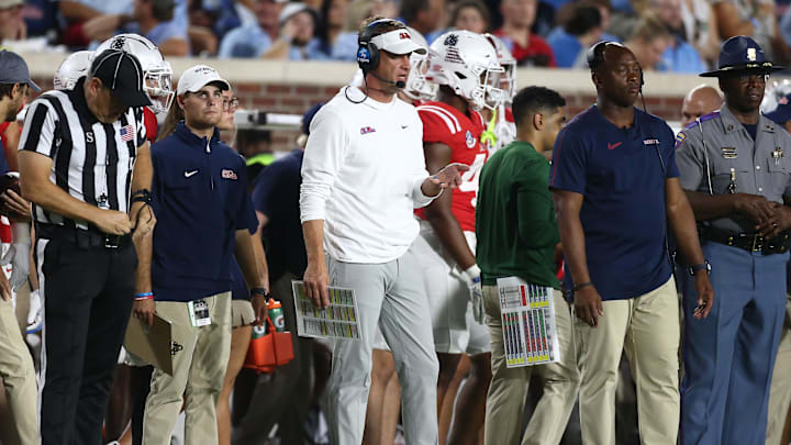 Sep 21, 2024; Oxford, Mississippi, USA; Mississippi Rebels head coach Lane Kiffin reacts during the second half against the Georgia Southern Eagles at Vaught-Hemingway Stadium. Mandatory Credit: Petre Thomas-Imagn Images Sep 21, 2024; Oxford, Mississippi, USA; Mississippi Rebels head coach Lane Kiffin reacts during the second half against the Georgia Southern Eagles at Vaught-Hemingway Stadium. Mandatory Credit: Petre Thomas-Imagn Images