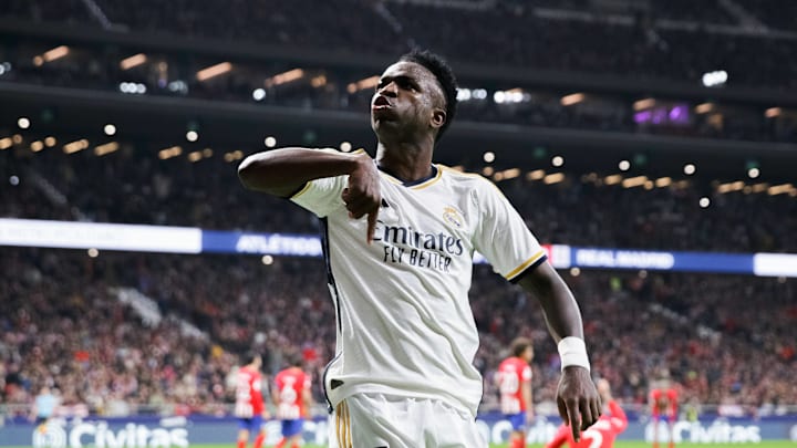 Vinicius Junior of Real Madrid celebrates after scoring a...