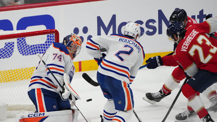 Jun 8, 2024; Sunrise, Florida, USA;  Edmonton Oilers goaltender Skinner Stuart (74) blocks a shot on net by the Florida Panthers during the third period  in game one of the 2024 Stanley Cup Final at Amerant Bank Arena. Mandatory Credit: Jim Rassol-USA TODAY Sports