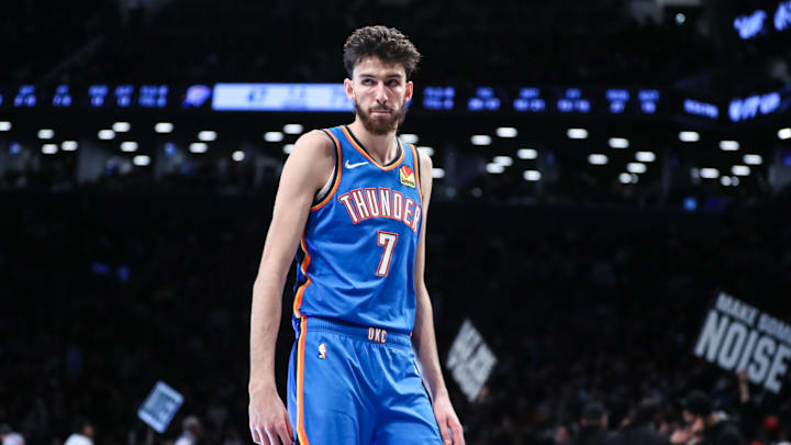 Jan 5, 2024; Brooklyn, New York, USA;  Oklahoma City Thunder forward Chet Holmgren (7) checks back