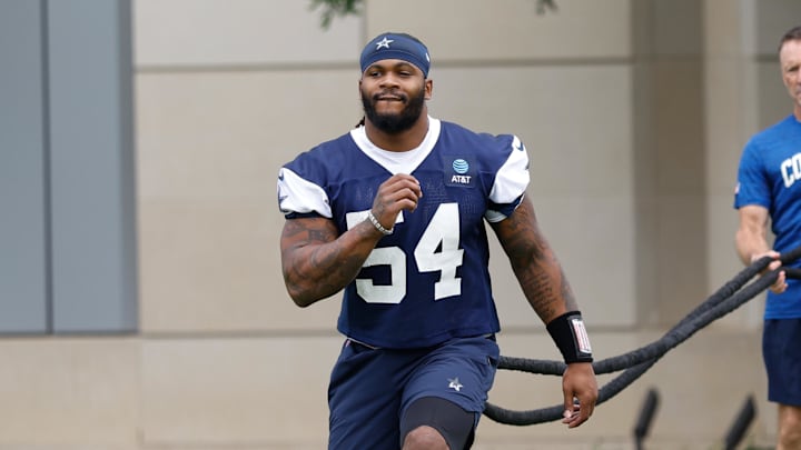 Jun 10, 2025; Arlington, TX, USA;  Dallas Cowboys defensive end Sam Williams (54) goes through a drill during practice at the Ford Center at the Star Training Facility in Frisco, Texas. Mandatory Credit: Chris Jones-Imagn Images