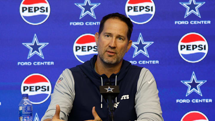 Jun 10, 2025; Arlington, TX, USA;  Dallas Cowboys head coach Brian Schottenheimer addresses the media before practice at the Ford Center at the Star Training Facility in Frisco, Texas. Mandatory Credit: Chris Jones-Imagn Images