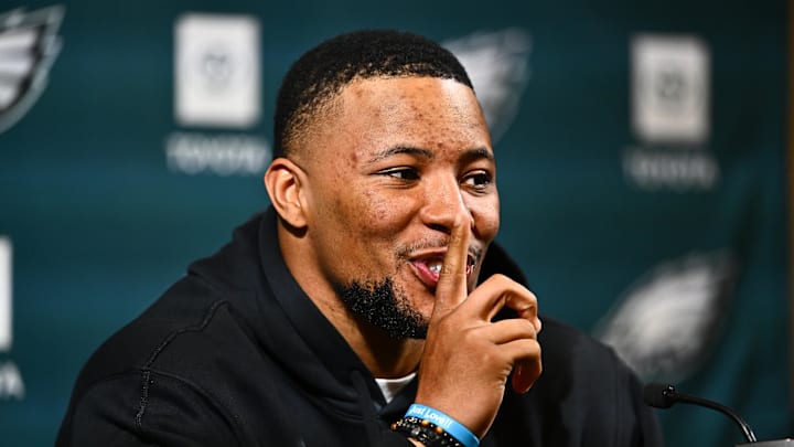iMar 14, 2024; Philadelphia, PA, USA; Philadelphia Eagles running back Saquon Barkley gestures