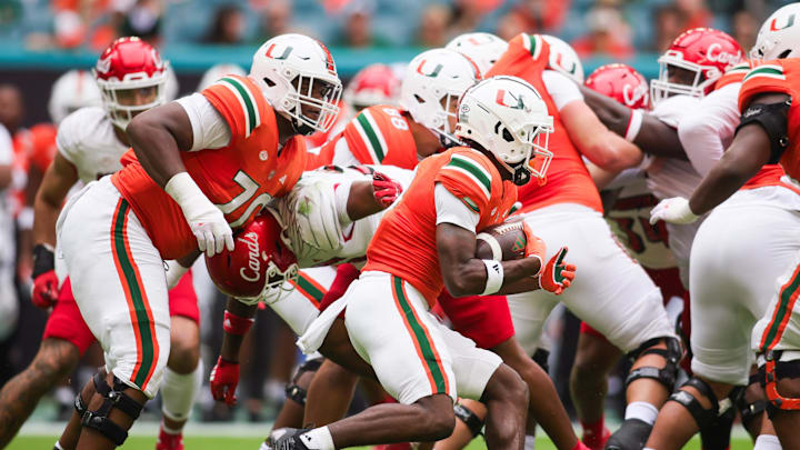 Nov 18, 2023; Miami Gardens, Florida, USA; Miami Hurricanes wide receiver Brashard Smith (0) runs
