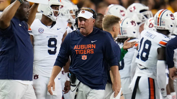 Aug 29, 2025; Waco, Texas, USA; Auburn Tigers head coach Hugh Freeze reactsagainst the Baylor Bears during the second half at McLane Stadium. Mandatory Credit: Chris Jones-Imagn Images